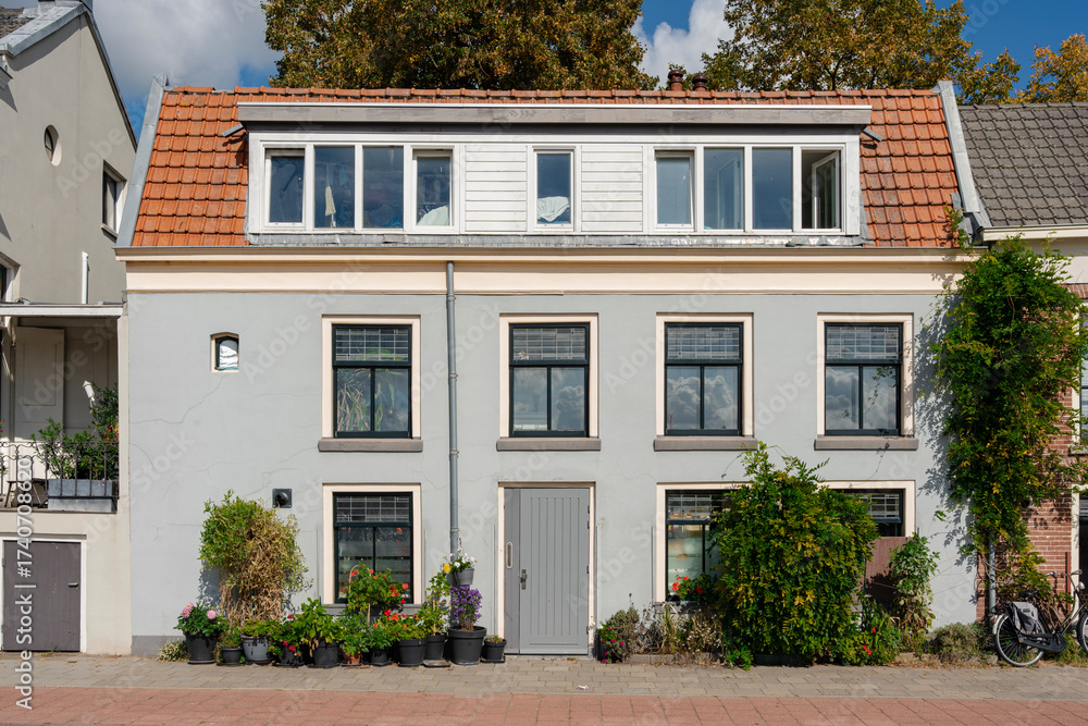 Fototapeta premium Traditional European facade with symmetrical windows, plants, and a tiled roof on a sunny day.