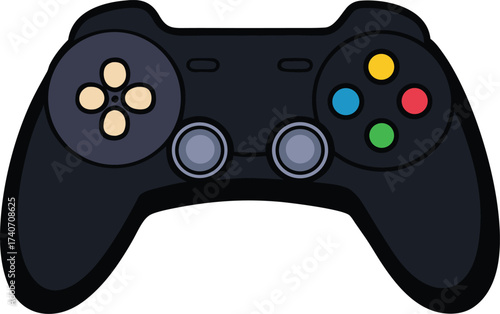 Modern black gaming controller vector illustration with visible buttons for digital gaming isolated on transparent background