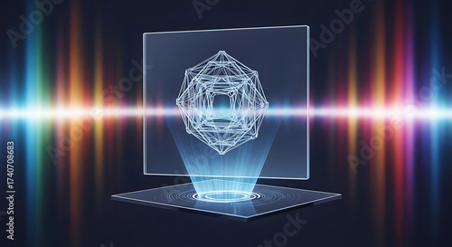 Holographic display showing complex geometric structure with colorful light streaks in background ai generated