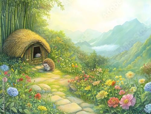 Adorable hedgehogs in a fairytale garden with bamboo house, mountain landscape watercolor illustration