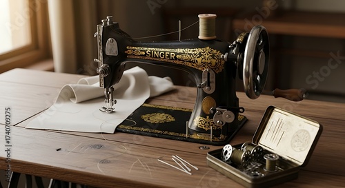 Vintage Sewing Machine on Wooden Table.