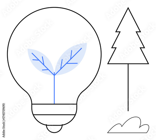 Light bulb with a sprouting plant, tree outline, and cloud. Ideal for sustainability, innovation, green energy, growth, eco-consciousness renewable resources and clean technology. Simple flat