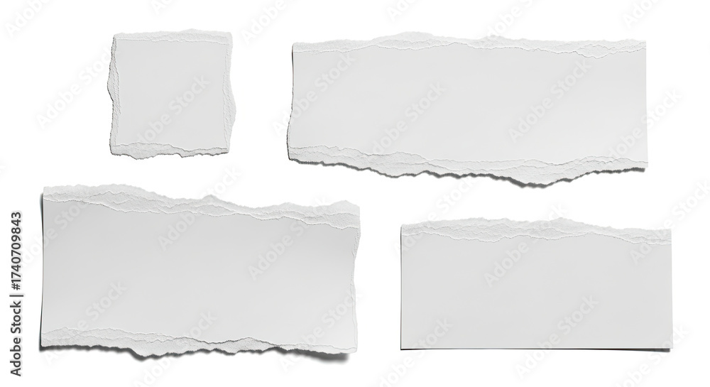 Fototapeta premium Collection of four blank pieces of white paper with rough torn edges in various shapes and sizes