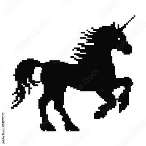 Pixelated Unicorn Stallion Silhouette, Pixel Art on White Background, Pixelated Design