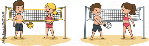Cartoon kids playing beach volleyball, boy and girl having fun on sand court, summer activity, sport game, teamwork and friendship.