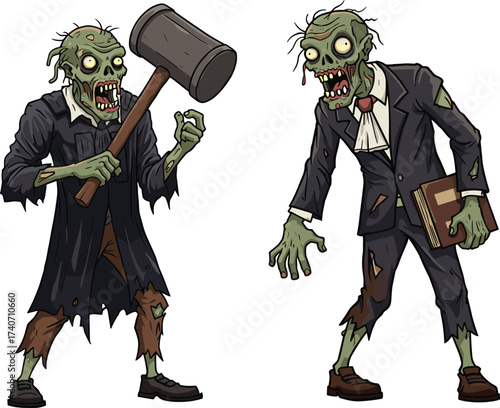 Cartoon zombie characters in tattered suits, one holding mallet, one with book, horror Halloween undead illustration, isolated on white