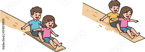 Happy children playing on a wooden slide, smiling boy and girl enjoying fun outdoor activity together, childhood joy, summer playtime.