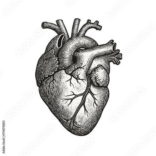Detailed vintage illustration of a human heart, showcasing anatomical structure with veins and arteries, drawn in hand-engraved style
