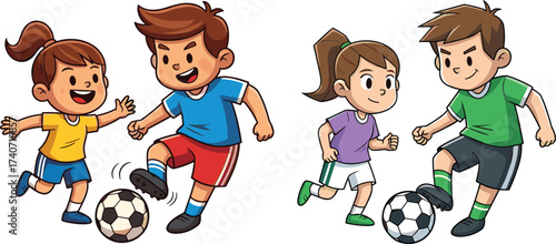 Happy children playing soccer, boys and girls kicking football, outdoor sports activity, teamwork, fun game, energetic kids, cartoon illustration