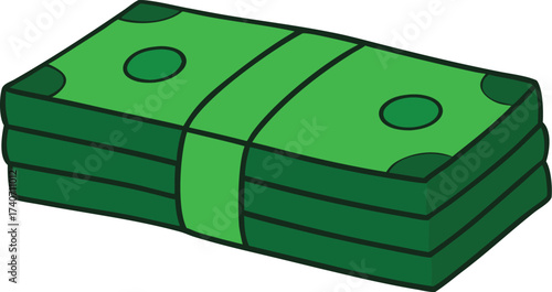 Vector illustration of stacked green dollar bills bound flat crisp isolated on transparent background