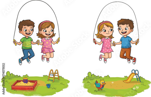 Happy kids playing together outdoors, skipping rope in park, enjoying childhood fun, healthy activity, friendship, playground, summer, fun games