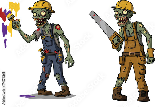 Zombie Construction Workers Cartoon, Undead Painter and Builder Characters, Halloween Horror Theme, Scary Contractor Illustration, Funny Scary Job Concept Art