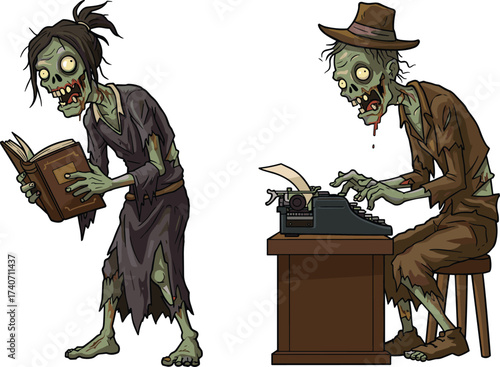 Zombie writer typing on typewriter, undead reader holding book, horror cartoon characters, spooky Halloween illustration, creepy literature concept, isolated background