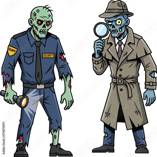 Zombie security guard with flashlight, undead detective with magnifying glass, horror cartoon characters, spooky Halloween illustration, creepy mystery concept