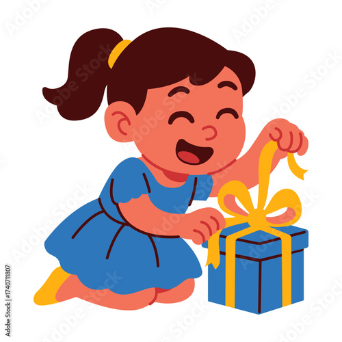 Joyful Little Girl Excitedly Unwrapping A Colorful Birthday Present With Bright Ribbon