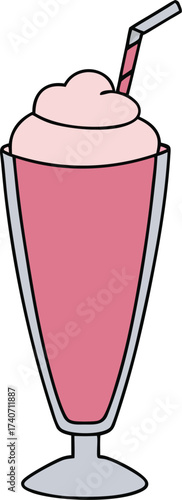Scalable pink milkshake illustration in a tall glass with straw vector graphic for eps download isolated on transparent background