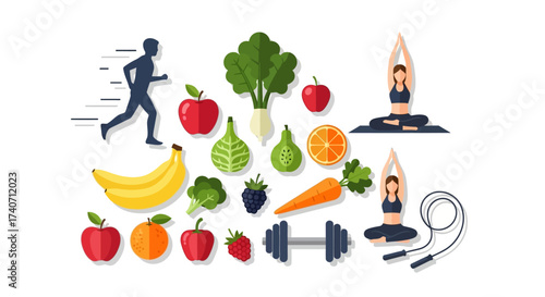 Healthy Lifestyle Concept set. Fitness equipment, nutritious foods and sports activities. Balanced and active lifestyle for wellbeing. Trendy modern vector illustration isolated on white, flat design