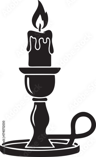 Elegantly simple candle in candlestick silhouette glows warmly, perfect for vintage designs or creating a cozy, calming atmosphere