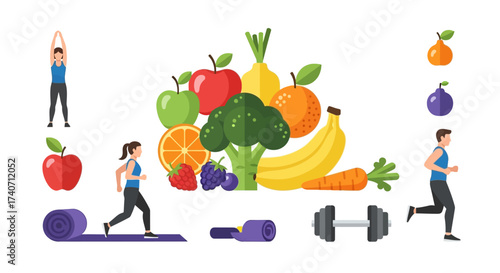 Healthy Lifestyle Concept set. Fitness equipment, nutritious foods and sports activities. Balanced and active lifestyle for wellbeing. Trendy modern vector illustration isolated on white, flat design