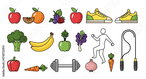 Healthy Lifestyle Concept set. Fitness equipment, nutritious foods and sports activities. Balanced and active lifestyle for wellbeing. Trendy modern vector illustration isolated on white, flat design
