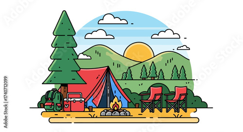 Camp site. Nature camping landscape with tent and campfire, summer forest camp flat vector illustration. Cartoon camping view