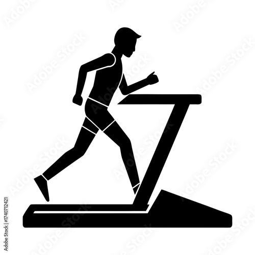 Silhouette of a man running on a treadmill in a gym for fitness and exercise