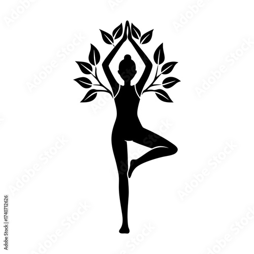 Silhouette of woman in tree pose with leaves branching from her upper body