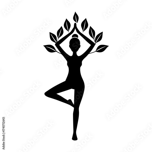 Silhouette of a woman in tree pose with leaves forming a tree canopy above