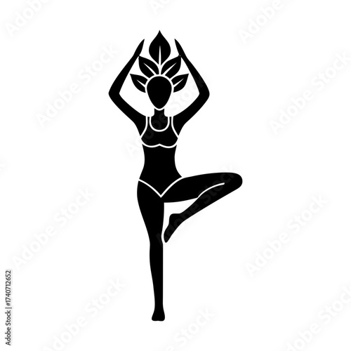 Silhouette of a woman in a yoga pose with leaves above her head in black and white