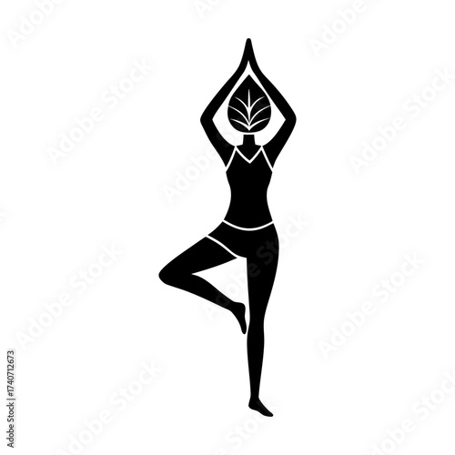 Silhouette of a woman in tree pose with a leaf head in black and white style