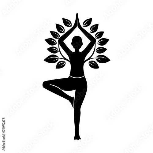 Silhouette of a woman in tree pose with leaves forming a halo around her head