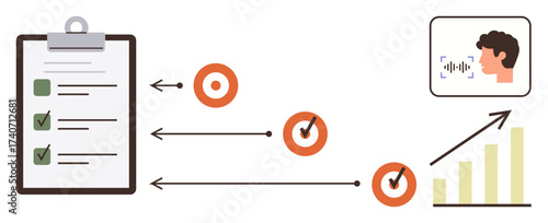 Clipboard checklist, voice recognition, task flow with arrows and targets, rising bar graph. Ideal for productivity, task planning, voice assistance, process optimization, performance tracking goal