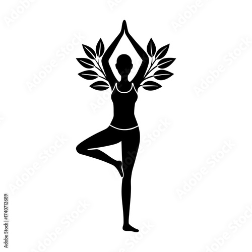 Silhouette of a woman in tree pose with leaves behind her in black and white art