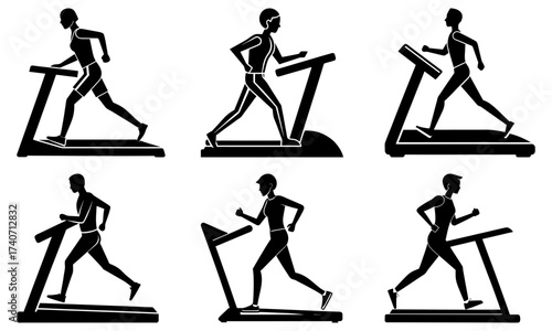 Silhouettes of people running on treadmills in a gym for fitness and exercise