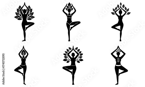 Six yoga poses in tree pose with leaf accents in black and white silhouette
