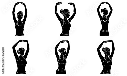 Silhouetted women stretching arms overhead in various yoga poses fitness art