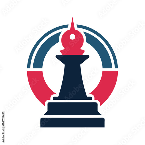 Dark blue and red chess pawn icon with circle on white background piece game