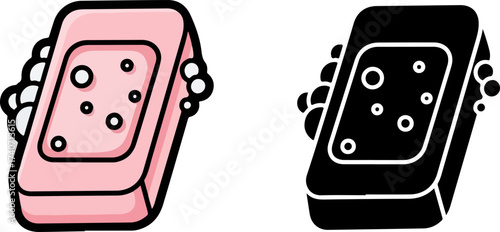 Soap bar with bubbles sits on a white surface, presented in both pink and black, offering a clean and simple hygiene concept.