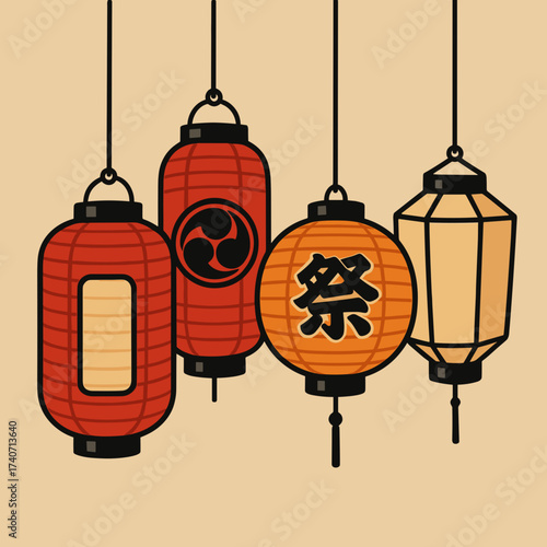 Japanese lantern collection illustration in traditional style on light background with copy space