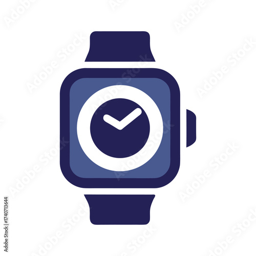 Dark blue square smartwatch icon with clock face and hands time technology