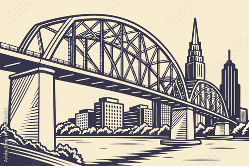 Shelby Street Pedestrian Bridge in Nashville, Tennessee, arched steel span over Cumberland River with skyline view