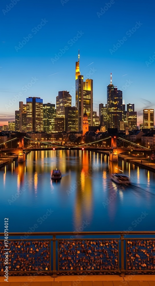 Obraz premium Frankfurt Skyline at Dusk - A Stunning Cityscape Reflection.