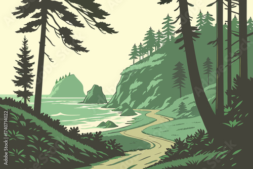 Second Beach in Washington, forested trail leading to sandy cove with dramatic sea stacks