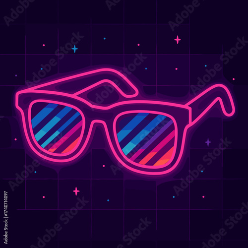 Neon sunglasses illustration in retro style with vibrant colors on dark grid background