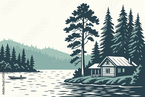 Saranac Lake in New York, sparkling waters surrounded by pine forest and small rustic cabins