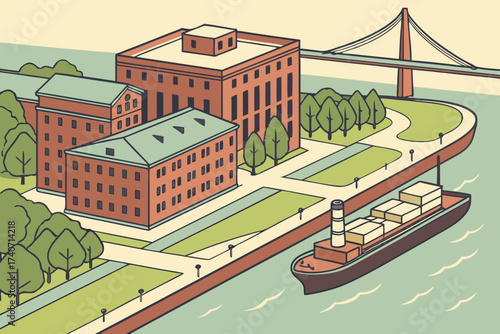 Savannah River Harbor in Georgia, container ships passing historic riverfront with brick warehouses