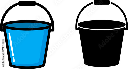 Two buckets sit sidebyside, one blue and filled with water, the other black and empty, showcasing simple utility in a minimalist style.