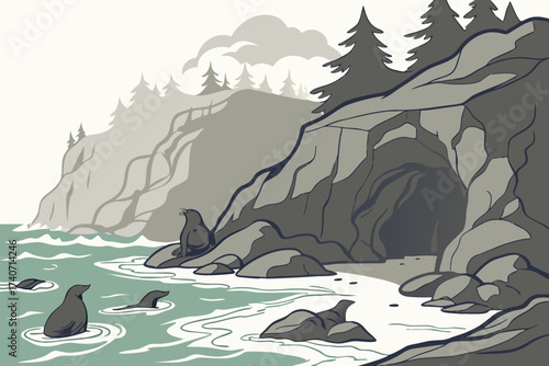 Sea Lion Caves in Oregon, coastal cave filled with barking sea lions and crashing waves