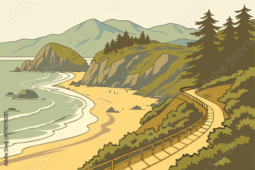 Seaside Beach in Oregon, sandy stretch with promenade and mountain views beyond