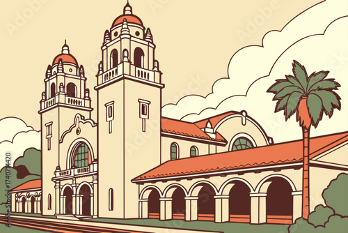 San Diego Santa Fe Depot in California, Spanish Colonial Revival station with twin domed towers